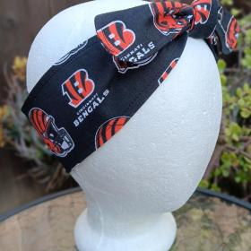 Cincinnati Bengals headband, handmade, black, 3” wide, self tie, pin up style, hair tie, scarf, bandana, hat band, football fan gift