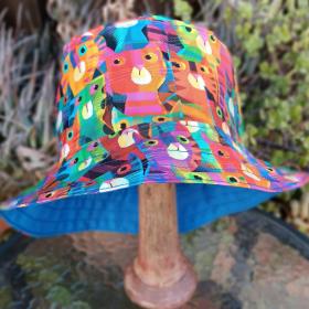 Bright Multicolor Cats Bucket Hat, Reversible to Blue, Sizes up to 4XL, sun hat, floppy hat, gift for cat lover, handmade