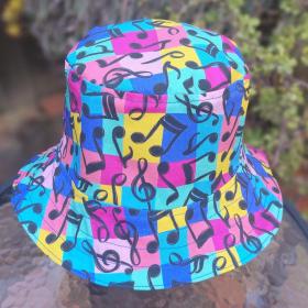 Music Theme Bucket Hat, Multicolor, Musical Notes, Reversible, Adult Size Medium, band hat, fishing hat, sun hat