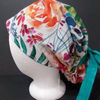 Reversible scrub cap short & medium length hair, ties, pony tail, nurse tech technician doctor medical chemo hat head cover watercolor white