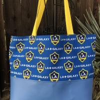 LA Galaxy tote bag, blue vinyl bottom, Galaxy print upper & lining, yellow straps