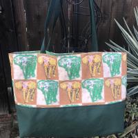 Tote bag, canvas bottom, green & yellow elephants