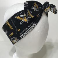 3” wide Pittsburgh Penguins headband, self tie, pin up style, hair tie, scarf, bandana, retro style, rockabilly, handmade