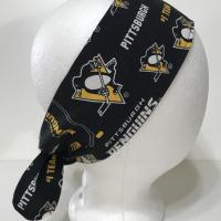 3” wide Pittsburgh Penguins headband, self tie, pin up style, hair tie, scarf, bandana, retro style, rockabilly, handmade