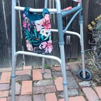 Simple small basic crutch bag, walker bag, scooter handlebars bag, bed rail caddy, hook & loop, red white blue paint splash, hanging bag