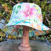 Aqua / White Reversible Watercolor Floral Bucket Hat, Sizes up to 4XL, Multicolor Summer Flowers, Sun Hat, Floppy Hat, Tropical Hat