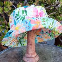 Aqua / White Reversible Watercolor Floral Bucket Hat, S-XXL, Multicolor Summer Flowers, Sun Hat, Floppy Hat, Tropical Hat