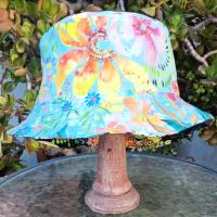 Aqua / White Reversible Watercolor Floral Bucket Hat, S-XXL, Multicolor Summer Flowers, Sun Hat, Floppy Hat, Tropical Hat