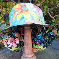 Aqua / Black Reversible Watercolor Floral Bucket Hat, Sizes up to 4XL, Multicolor Summer Flowers, Sun Hat, Floppy Hat, Tropical Hat