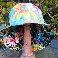 Aqua / Black Reversible Watercolor Floral Bucket Hat, S-XXL, Multicolor Summer Flowers, Sun Hat, Floppy Hat, Tropical Hat