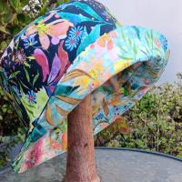 Aqua / Black Reversible Watercolor Floral Bucket Hat, Sizes up to 4XL, Multicolor Summer Flowers, Sun Hat, Floppy Hat, Tropical Hat