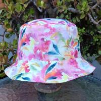 Watercolor Floral Bucket Hat,  Reverses to Pink or Green, Tropical Print Floppy hat, Sun Hat, Beach Hat