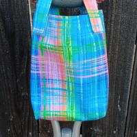 Simple small basic bag for crutch, walker, stroller, scooter handlebars, bed rail, caddy, hook and loop, bright plaid, blue pink green orange