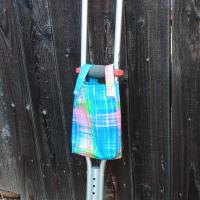 Simple small basic bag for crutch, walker, stroller, scooter handlebars, bed rail, caddy, hook and loop, bright plaid, blue pink green orange