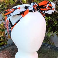 3” wide Baltimore Orioles self tie fabric headband, black, white & orange modern print, hair tie, hair wrap, pin up style, scarf, rockabilly style, handmade
