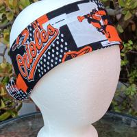 3” wide Baltimore Orioles self tie fabric headband, black, white & orange modern print, hair tie, hair wrap, pin up style, scarf, rockabilly style, handmade