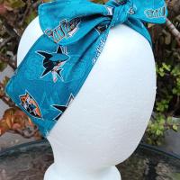 3” wide San Jose SJ Sharks hair tie, hair wrap, headband, head wrap, pin up, self tie, scarf, retro, rockabilly, handmade