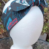 3” wide Miami Marlins self tie fabric headband, black/blue/red/white, hair tie, hair wrap, pin up style, scarf, handmade