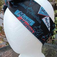 3” wide Miami Marlins self tie fabric headband, black/blue/red/white, hair tie, hair wrap, pin up style, scarf, handmade