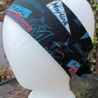 3” wide Miami Marlins self tie fabric headband, black/blue/red/white, hair tie, hair wrap, pin up style, scarf, handmade