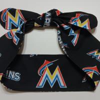 3” wide Miami Marlins self tie fabric headband, multicolor rainbow M logo, hair tie, hair wrap, pin up style, self tie, scarf, rockabilly style, handmade