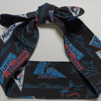 3” wide Miami Marlins self tie fabric headband, black/blue/red/white, hair tie, hair wrap, pin up style, self tie, scarf, rockabilly style, handmade