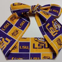 3” Wide Headband Made from LSU Licensed Fabric, self tie, hair wrap, pin up style, hair tie, scarf, retro, bandana, Louisiana