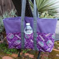 Small canvas heavy duty tote bag, Sacramento Kings, basketball, purple, six exterior pockets, handmade from licensed fabric