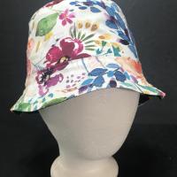 Watercolor floral print bucket hat, white backgound side facing out
