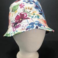 Watercolor floral print bucket hat, white backgound side facing out