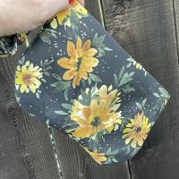 Pleated yellow & black floral wristlet clutch purse, recessed zipper top, removable swivel wrist strap, cosmetic bag, make up pouch, bridesmaid gift, garden wedding