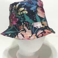 Watercolor floral print bucket hat, black backgound side facing out