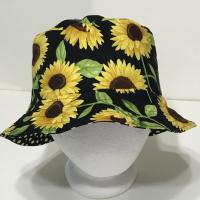 Sunflower Floral Bucket Hat, Reversible, Black Background, Sizes S-XXL, Cotton, Summer Flowers, Handmade Sun Hat, Floppy Hat, Polka Dots, adults or older children