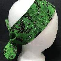 3" Wide green printed circuit board fabric head scarf, tied in back