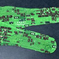 3" Wide green printed circuit board fabric head scarf, showing tapered ends