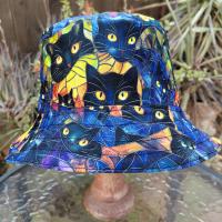 Black Cats Bucket Hat, Stained Glass Look, Reversible to Black, Sizes up to 4XL, sun hat, floppy hat, gift for cat lover, handmade