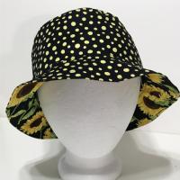 Sunflower Floral Bucket Hat, Reversible, Black Background, Adult Sizes S-XXL, Cotton, Summer Flowers, Handmade Sun Hat, Floppy Hat, Polka Dots