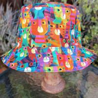 Bright Multicolor Cats Bucket Hat, Reversible to Blue, Sizes up to 4XL, sun hat, floppy hat, gift for cat lover, handmade