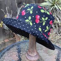 Cherries Bucket Hat, Black & White Polka Dots, Sizes up to 4XL, floppy hat, fishing hat, sun hat, beach hat, summer hat, adults & children