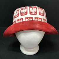 Front view of Polish eagles bucket hat, brim turned up to show red reverse 