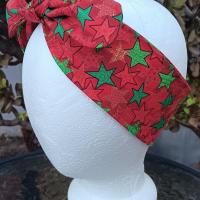 3” Wide Christmas Headband, Green & Red Stars, hair tie, hair wrap, pin up style, rockabilly style, retro style