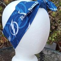3” Wide Tampa Bay Lightning headband, self tie, handmade, hair wrap, pin up style, hair tie, scarf, rockabilly, bandana, hockey
