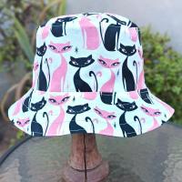 Mod Cats Bucket Hat, Reversible to Black, Sizes up to 4XL, summer hat, sun hat, floppy hat, retro style gift for cat lover, handmade
