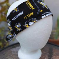Pittsburgh Penguins headband, handmade, 3" wide, self tie, pin up style, hair tie, scarf, bandana, hat band