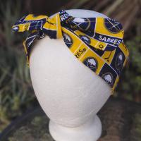 Buffalo Sabres headband, handmade, 3" wide, self tie, hair wrap, pin up style, scarf, hockey