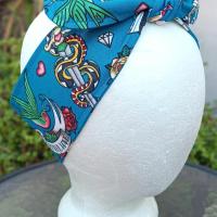 3” Wide Sailor Tattoo Theme headband, self tie, hair wrap, hair tie, head wrap, scarf, skulls, pin up, retro, rockabilly style