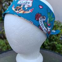 3” Wide Sailor Tattoo Theme headband, self tie, hair wrap, hair tie, head wrap, scarf, skulls, pin up, retro, rockabilly style