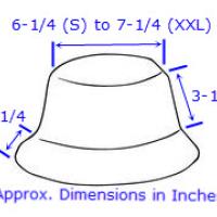 Diagram showing bucket hat dimensions. See description for the info in text form.