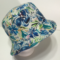 Canvas Watercolor Floral Bucket Hat, Reversible, Blue Flowers, Sizes S-XXL, Cotton, Tropical Floppy Hat, adults or older children