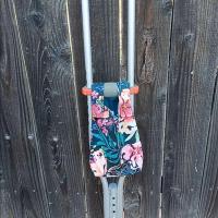 Simple basic crutch bag, walker bag, scooter handlebars bag, bed rail caddy, hook & loop, hanging bag, blue purple green flowers, retro